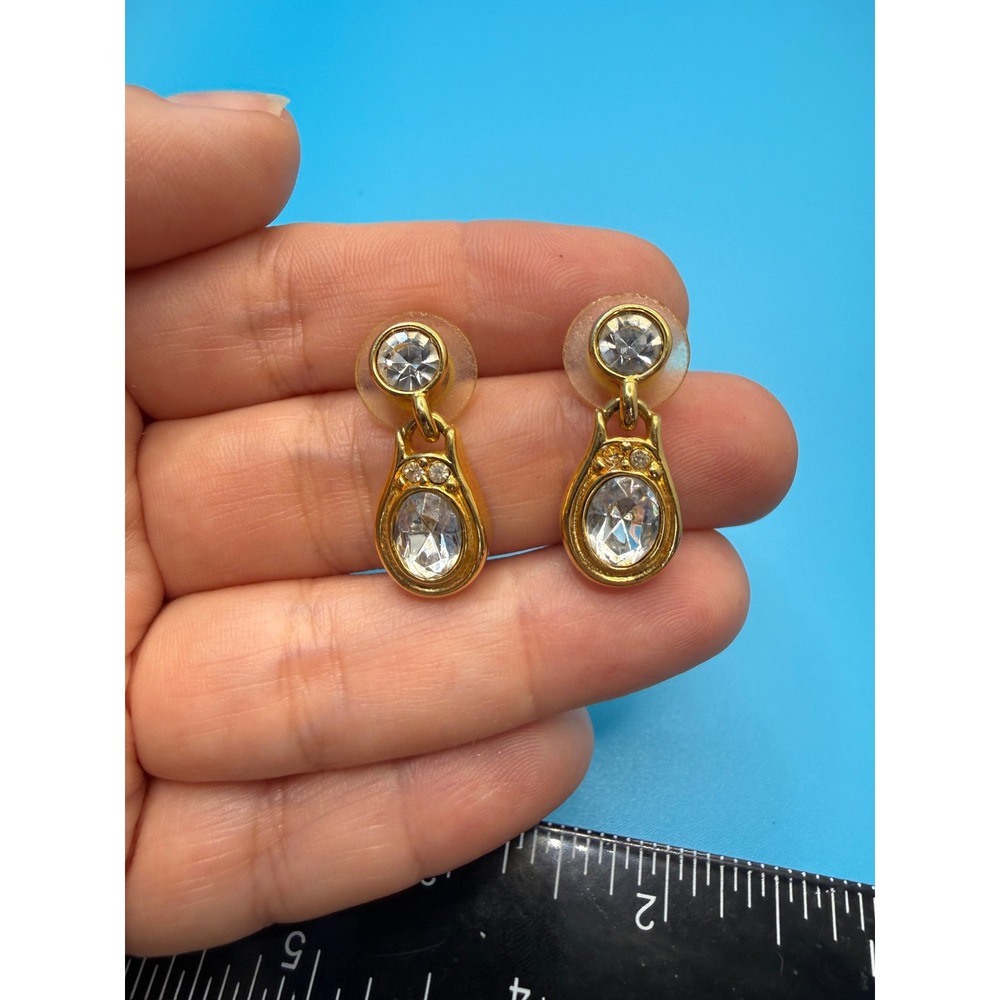 Vintage Gold Tone Crystal Teardrop Dangle Earrings Clear Rhinestone Drop Post